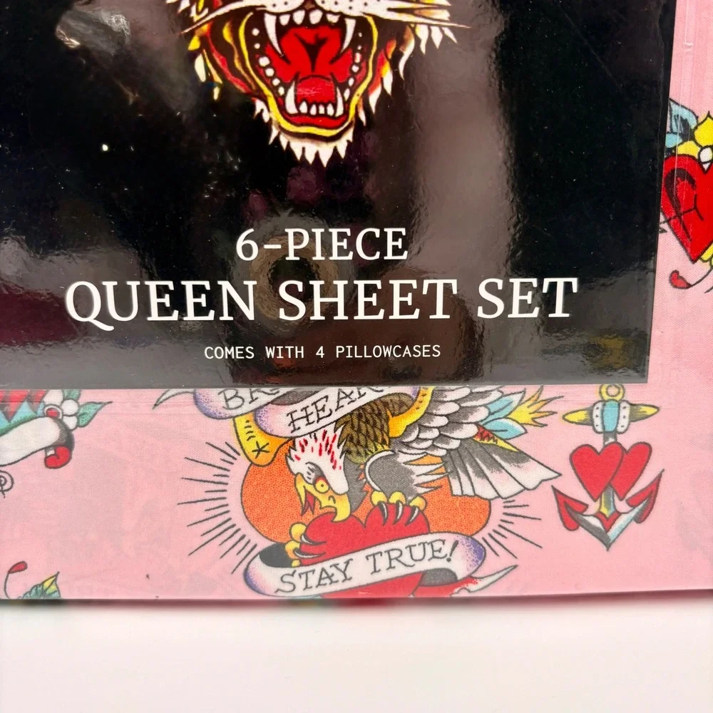 Ed Hardy Pink Tattoo Flash‎ Queen Sheet Set 6 Piece Tiger Eagle Hearts NEW
